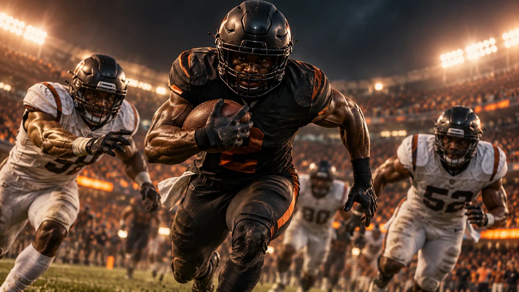 Running back carrying the ball toward the camera in a floodlit stadium