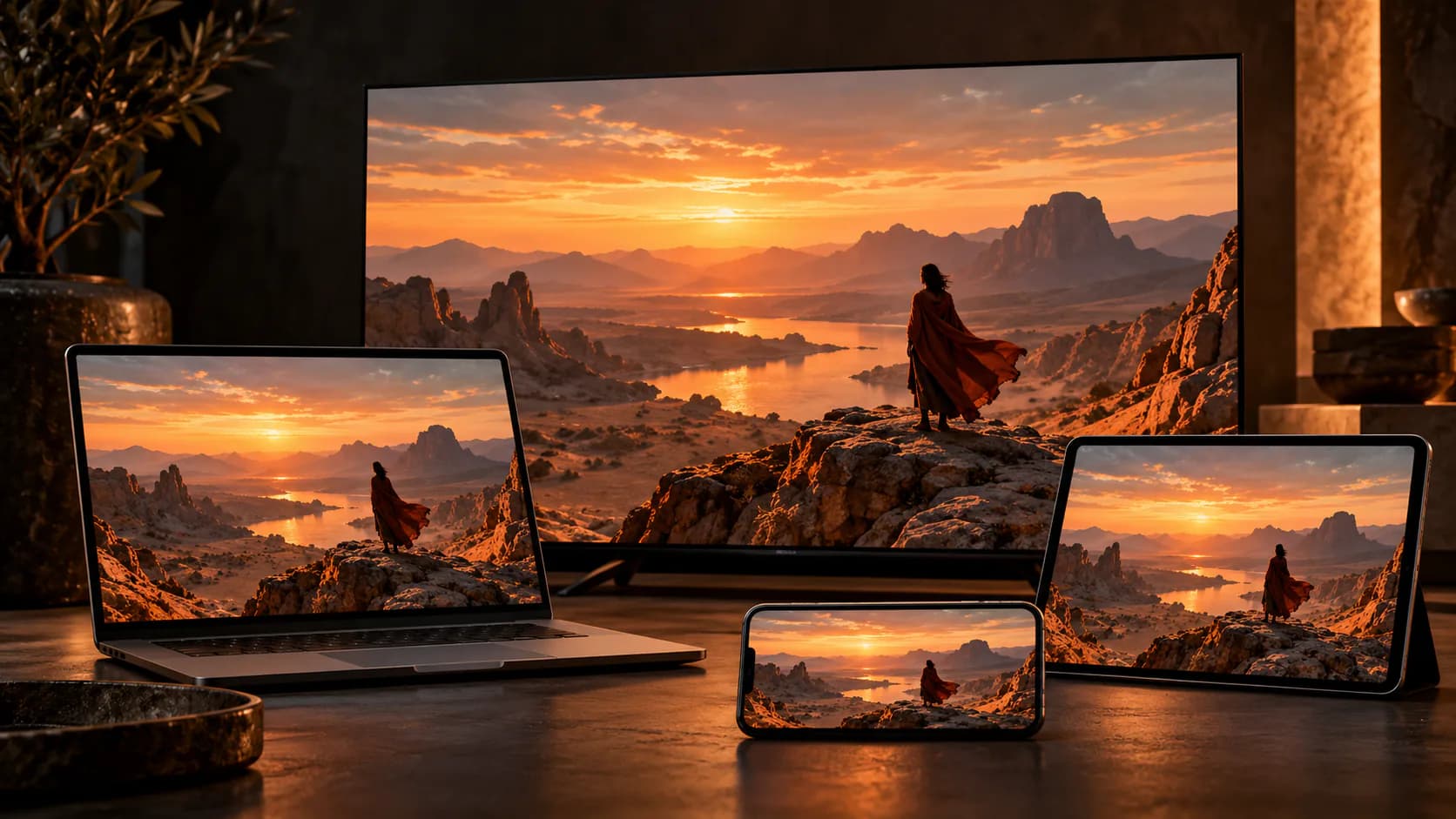 TV, laptop, tablet and phone all showing the same desert scene