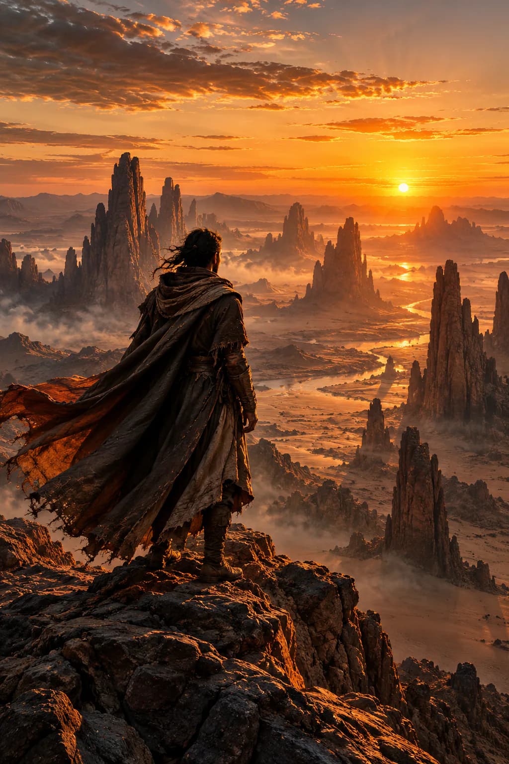 Cloaked explorer overlooking desert rock towers at sunrise