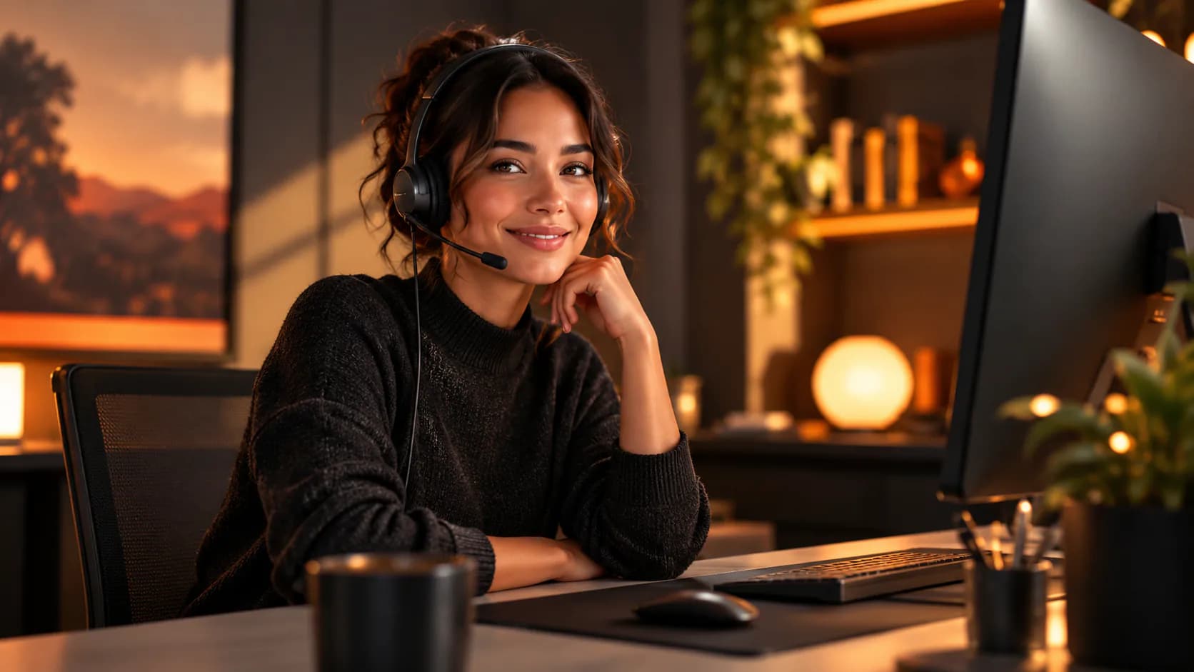 Smiling support specialist wearing a headset at a desk